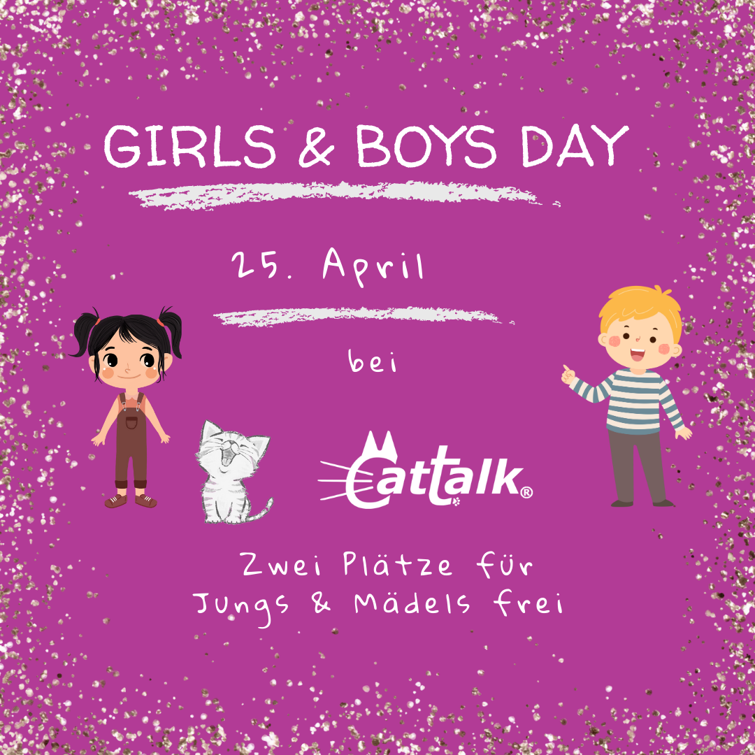 Kleines Mädchen mit fröhlicher Katze bewirbt den Girls Day am 25. April 2024